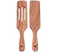 Juego de 2 espátulas con ranuras de madera, utensilios de cocina de madera de teca con mango largo para utensilios de cocina antiadherentes, herramientas de cocina naturales para