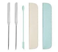 Juego de 2 espátulas de base de acero inoxidable para base, base de maquillaje, herramientas de maquillaje facial con 2 estuches de piel y 1 espátula verde
