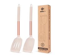 Juego de 2 Espátulas de Silicona, Espátula Antiadherentes Resistente al Calor, Utensilios de Cocina para Servir, Freir, Cocinar Huevos, Peacado, Verduras, Steak, Tortitas（Oro rosa-Caqui）