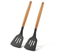 Juego de 2 espátulas de silicona, espátula de cocina antiadherente, utensilios de cocina, espátula de pescado con mango de madera, herramientas de cocina de silicona para huevos,