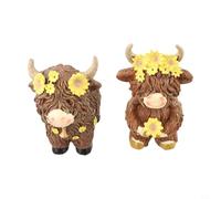 Juego de 2 estatuas de resina de vaca de tierra alta marrón para decoración de escritorio y estantes, con esculturas de vaca campana y vaca de flores