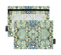 Juego de 2 estuches artísticos de mosaico azul y verde para carpetas de 3 anillas, cremallera suave con ventana de PVC transparente para suministros escolares