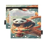 Juego de 2 estuches para lápices con diseño de dragón y panda para carpetas de 3 anillas, cremallera suave con ventana de PVC transparente para suministros escolares