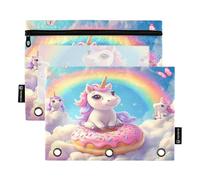 Juego de 2 estuches para lápices con diseño de unicornios y arcoíris para carpetas de 3 anillas, cremallera suave con ventana de PVC transparente para suministros escolares