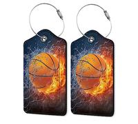 Juego de 2 etiquetas de equipaje de baloncesto de cuero, etiqueta de privacidad para maleta con bucle de acero inoxidable para mujeres/hombres, viajes, fuego y baloncesto acuático