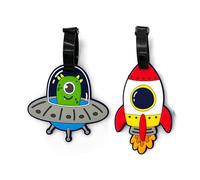Juego de 2 etiquetas para maleta avión de PVC - con temática espacial, ovni extraterrestre y cohete, etiqueta bolsa y equipaje para niños, Puckator