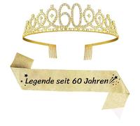 Juego de 2 fajas y tiara de 60 cumpleaños doradas para cumpleaños, corona de 60 cumpleaños, corona de princesa, corona de cristal, faja para mujeres, regalos de 60 cumpleaños, accesorios de fiesta