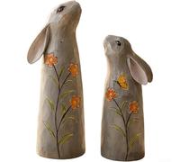 Juego de 2 figuras de conejo pintadas a mano con temática de primavera para decoración de mesa interior del hogar (gris)