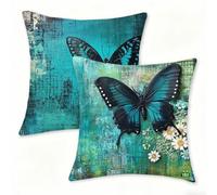 Juego de 2 Funda Cojín 60x60 cm Verde Fundas de Cojíns Cómodas y Suaves de Lino Cojines para Exterio, Cojine Decorativos Cushion Covers con Cremallera Oculta, Decoracion Hogar Jardin Mariposa 0n-503