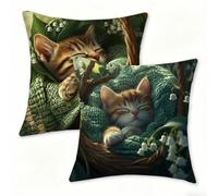 Juego de 2 Funda Cojín 60x60 cm Verde Fundas de Cojíns Cómodas y Suaves de Lino Cojines para Exterio, Cojine Decorativos Cushion Covers con Cremallera Oculta para Decoracion Hogar Jardin Gato 0n-508