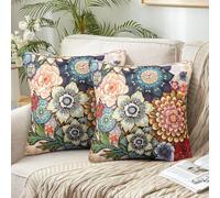 Juego de 2 Funda de Cojín Flor 45x45 cm Retro Funda Cojín Sofá Lavable Cuadrada Azules Mostaza Funda de Almohada Flores de Peonía Cojines Decorativos para Sofá Cama Hogar Exterior