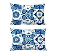 Juego de 2 Fundas Cojines Exterior Impermeable 30x50cm Cojines Azul Funda Almohada Lino Rectangular Sofa Almohadas Decoración para Patio Balcón Jardín Salon Terraza Dormitorio Hogar Blanco G574