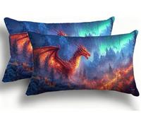 Juego de 2 Fundas de Almohada Bicolor de Terciopelo, Fundas Rectangulares Decoración 25x50 cm, Cremallera Invisible, Diseño de Doble Cara Transpirables Suaves, Diseño Dormitorio, Bosque Dragón F0A-99