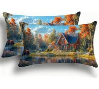 Juego de 2 Fundas de Almohada Bicolor de Terciopelo, Fundas Rectangulares Decoración 30x60 cm, Cremallera Invisible, Diseño de Doble Cara Transpirables Suaves, Diseño Dormitorio, Lago Cabaña F0A-1076