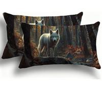 Juego de 2 Fundas de Almohada Bicolor de Terciopelo, Fundas Rectangulares Decoración 30x60 cm, Cremallera Invisible, Diseño de Doble Cara Transpirables Suaves, Diseño Dormitorio, Lobo Bosque 2 F0A-114