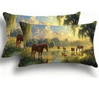 Juego de 2 Fundas de Almohada Bicolor de Terciopelo, Fundas Rectangulares Decoración 30x60 cm, Cremallera Invisible, Diseño de Doble Cara Transpirables Suaves, Diseño Dormitorio, Caballo Bosque F0A175