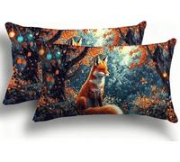 Juego de 2 Fundas de Almohada Bicolor de Terciopelo, Fundas Rectangulares Decoración 30x60 cm, Cremallera Invisible, Diseño de Doble Cara Transpirables Suaves, Diseño Dormitorio, Bosque Zorro F0A-136