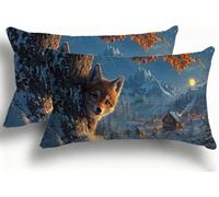 Juego de 2 Fundas de Almohada Bicolor de Terciopelo, Fundas Rectangulares Decoración 35x70 cm, Cremallera Invisible, Diseño de Doble Cara Transpirables Suaves, Diseño Dormitorio, Lobo Cabaña F0A-10