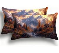 Juego de 2 Fundas de Almohada Bicolor de Terciopelo, Fundas Rectangulares Decoración 40x80 cm, Cremallera Invisible, Diseño de Doble Cara Transpirables Suaves, Diseño Dormitorio, Cascada Cabaña F0A-35