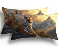 Juego de 2 Fundas de Almohada Bicolor de Terciopelo, Fundas Rectangulares Decoración 40x80 cm, Cremallera Invisible, Diseño de Doble Cara Transpirables Suaves, Diseño Dormitorio, Bosque Tigre F0A-94