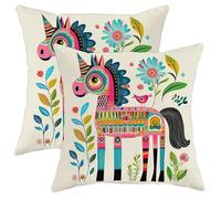 Juego de 2 fundas de almohada coloridas con diseño de caballo mágico, almohadas decorativas florales de melocotón, divertida decoración de granja para sala de juegos, sofá y cama, 18 x 18 pulgadas