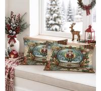 Juego de 2 fundas de almohada con cita navideña de cascanueces con diseño | Ilustración de globo de nieve, fundas de cojín, diseño de corona de acebo, fondo tradicional a cuadros