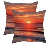 Juego de 2 fundas de almohada con cremallera de amanecer, playa, hermoso paisaje, naturaleza, océano, nube, cielo, paisaje, costas, rojo, naranja, terciopelo, adornos cómodos, suaves, para oficina