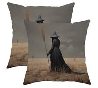 Juego de 2 fundas de almohada con cremallera de bruja con diseño de escoba mágica, escena estética, sombrero mágico de hierba seca, terciopelo gris y marrón, cómodas, decorativas, para sofá