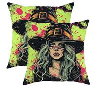 Juego de 2 fundas de almohada con cremallera de bruja con diseño de sombrero mágico para niñas, pintura en aerosol, graffiti estético Y2K, terciopelo amarillo y negro, adornos cómodos, suaves para