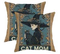 Juego de 2 fundas de almohada con cremallera de bruja y sombrero mágico de gato con diseño de hojas de terciopelo azul, negro y amarillo, cómodas, decorativas, para dormitorio, apartamento, sofá, 20 x