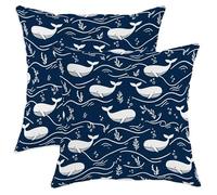 Juego de 2 fundas de almohada con diseño de ballena, olas costeras náuticas, burbujas de verano, color azul marino con cremallera oculta, almohadas decorativas para sala de estar, dormitorio, loft