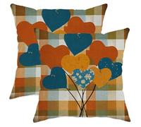 Juego de 2 fundas de almohada con diseño de corazones, diseño de flores rústicas a cuadros, color naranja otoñal con cremallera oculta, fundas de almohada decorativas para sala de estar, cama, oficina