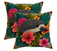 Juego de 2 fundas de almohada con diseño de erizo, flores tropicales vibrantes, hojas verdes de verano con detalles de cremallera oculta, fundas de almohada para sala de estar, dormitorio, loft