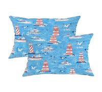 Juego de 2 fundas de almohada con diseño de faro, náutico, lúdico, barco, gaviota, verano, azul, con detalles de cremallera oculta, fundas de almohada para sala de estar, dormitorio, loft, oficina