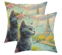 Juego de 2 fundas de almohada con diseño de gatos azules rusos primaverales, fundas de almohada suaves y románticas con estampado de torres de 12 x 12 pulgadas, diseño de mascotas, decoración de