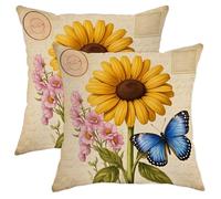 Juego de 2 fundas de almohada con diseño de girasoles, flores vintage, mariposas, melocotones, flores amarillas, terciopelo suave, lavable, fundas de almohada decorativas para sala de estar, cama