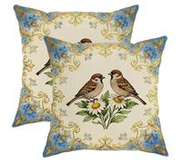 Juego de 2 fundas de almohada con diseño de gorriones, margaritas florales vintage, flores azules, azul primavera, con cremallera oculta, fundas de almohada cuadradas para sala de estar, apartamento