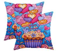 Juego de 2 fundas de almohada con diseño de magdalenas, corazones y flores, color azul con cremallera oculta, para sala de estar, cama, oficina, sofá, silla, decoración, 24 x 24 pulgadas