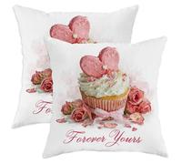 Juego de 2 fundas de almohada con diseño de magdalenas, románticas y rosas de corazón, melocotón, de terciopelo suave, lavable, para decoración del hogar, sala de estar, dormitorio, sofá, 24 x 24