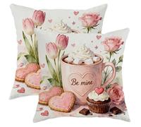 Juego de 2 fundas de almohada con diseño de magdalenas, tulipanes rosas románticas, melocotón, San Valentín, terciopelo suave, lavables, para sala de estar, apartamento, cama, sofá, decoración de 24 x