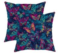 Juego de 2 fundas de almohada con diseño de mariposas, hojas tropicales vibrantes, flores de verano, terciopelo suave, lavable, para decoración del hogar, sala de estar, dormitorio, sofá, 24 x 24