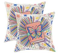 Juego de 2 fundas de almohada con diseño de mariposas, lápices de colores, paleta de pintura, creatividad, melocotón, con cremallera oculta, fundas de cojín, para aula, sala de estudio, decoración de