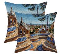 Juego de 2 fundas de almohada con diseño de mosaico, arquitectura artística colorida de árboles de verano azul con detalles de cremallera oculta, fundas de almohada para sala de estar, dormitorio