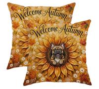 Juego de 2 fundas de almohada con diseño de perro bulldog otoñal con cremallera, suave, transpirable, diseño de girasol, hojas de arce, 16 x 16 pulgadas, terciopelo fresco decorativo para sofá, sala