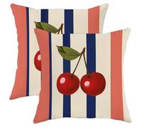 Juego de 2 fundas de almohada con estampado de cerezas rojas sobre fondo a rayas, cojines cuadrados decorativos de verano para el hogar, sofá, cama, sofá, 16 x 16 pulgadas