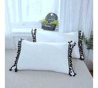 Juego de 2 fundas de almohada con flecos y pompones para cama o cojín bohemio, fundas de almohada de algodón, con borlas blancas, 40,6 x 60,6 cm