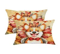 Juego de 2 fundas de almohada Corgi de Acción de Gracias, colores otoñales con adorable diseño de perro y plumas, acogedora decoración de casa de campo para sofá, cama, 20 x 12 pulgadas