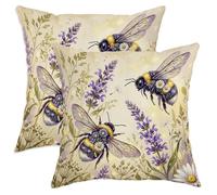 Juego de 2 fundas de almohada de abeja, lavanda botánica, crisantemo, amarillo primavera, con cremallera oculta, fundas de almohada para sofá, sala de estar, dormitorio, loft, oficina, decoración de