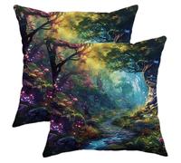 Juego de 2 fundas de almohada de bosque encantado, diseño de paisaje natural, árbol de fantasía, lago, pétalo, flor, verde, acogedoras, terciopelo, lavable, interior, hogar, patio, dormitorio
