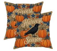 Juego de 2 fundas de almohada de calabaza, diseño de cuervo y estrellas, cosecha naranja con detalles de cremallera oculta, fundas de almohada para el hogar, dormitorio, sala de estar, sofá